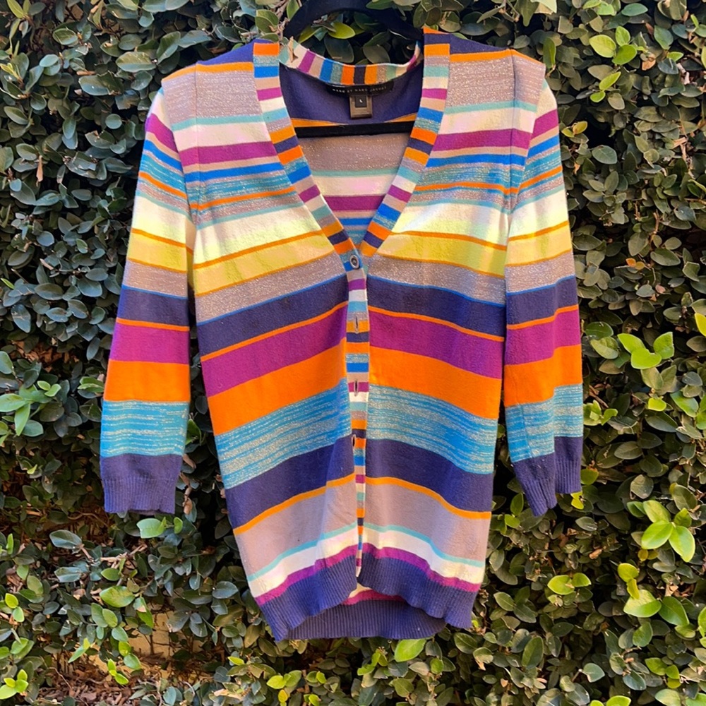 Marc by Marc Jacobs Y2K Multicolor Metallic Thread Striped Cardigan Sweater